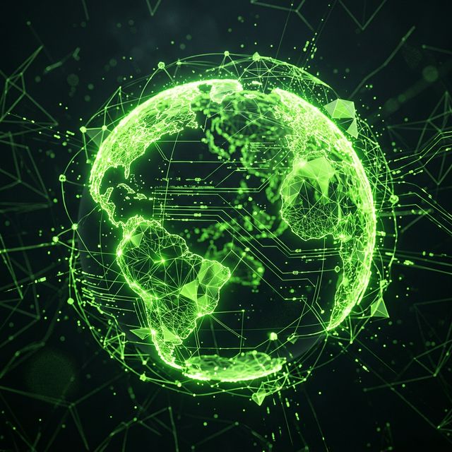 Futuristic 3D digital globe with neon green neural network lines